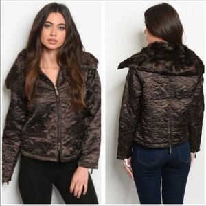 GEORGE PALOMARES Brown Quilted Faux Fur Collar Zip Jacket Size Medium